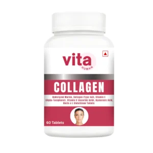 Vitahuman Hydrolyzed Marine Collagen Type 1 & 3 Tablets with Vitamin C, E, Hyaluronic Acid, Biotin & L-Glutathione – For Skin Glow, Firmness & Anti-Aging