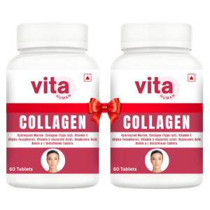 Vitahuman Hydrolyzed Marine Collagen Type 1 & 3 Tablets with Vitamin C, E, Hyaluronic Acid, Biotin & L-Glutathione – For Skin Glow, Firmness & Anti-Aging (Buy 1 Get 1 Free)