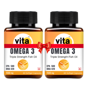 VitaHuman Triple Strength Omega 3 Fish Oil 1500 mg for Men and Women | 580mg EPA + 420mg DHA | Best Essential Fatty Acids For Healthy Heart, Eyes & Joints | 60 Softgel (Buy 1 Get 1 Free)