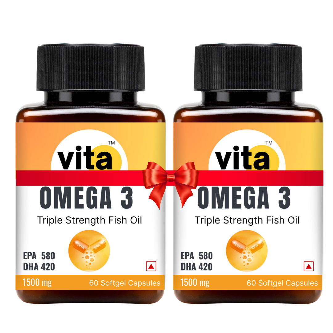 VitaHuman Triple Strength Omega 3 Fish Oil 1500 mg for Men and Women | 580mg EPA + 420mg DHA | Best Essential Fatty Acids For Healthy Heart, Eyes & Joints | 60 Softgel (Buy 1 Get 1 Free)